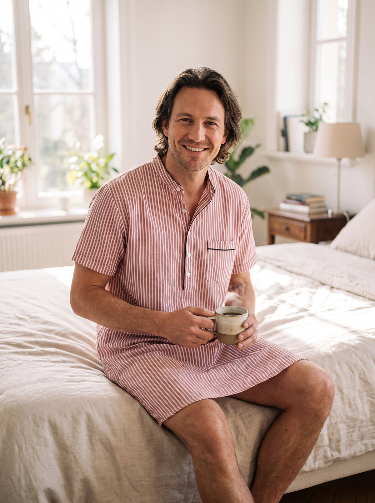Homme en chemise de nuit rayée rouge assis, ambiance matinale