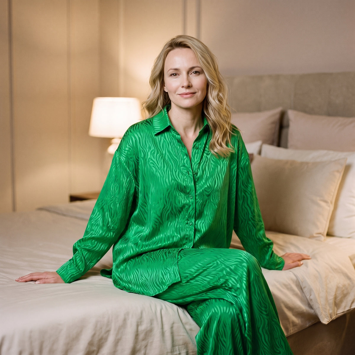 Femme assise au bord du lit de sa chambre, à la lueur d'une lampe le soir, en pyjama vert satiné deux pièces