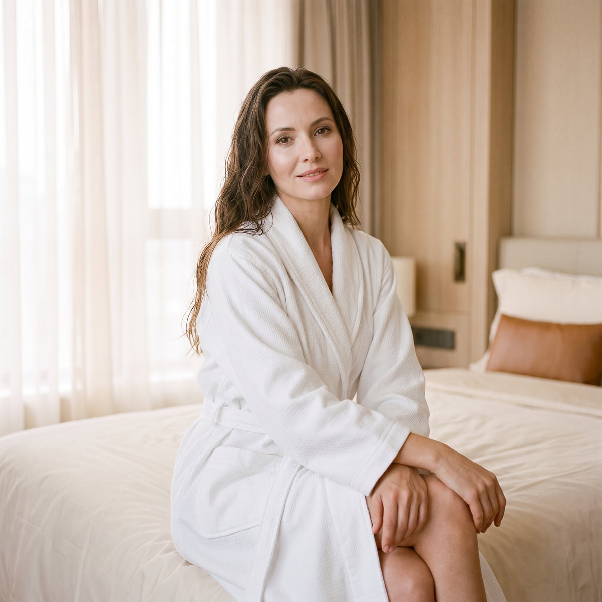Femme assise au bord d’un lit dans le peignoir de bain blanc, les cheveux encore humides après le bain