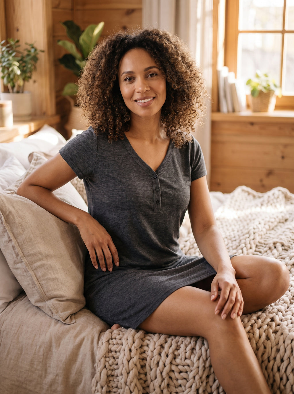 Chemise de nuit grise portée, col V à boutonnage et manches courtes