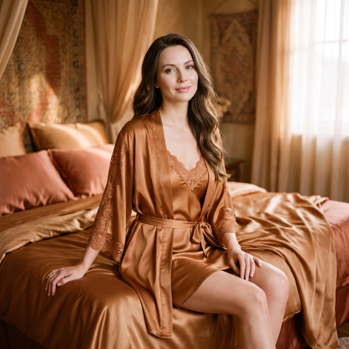 Detail produit ensemble-nuisette-et-kimono-en-satin-caramel-avec-dentelle