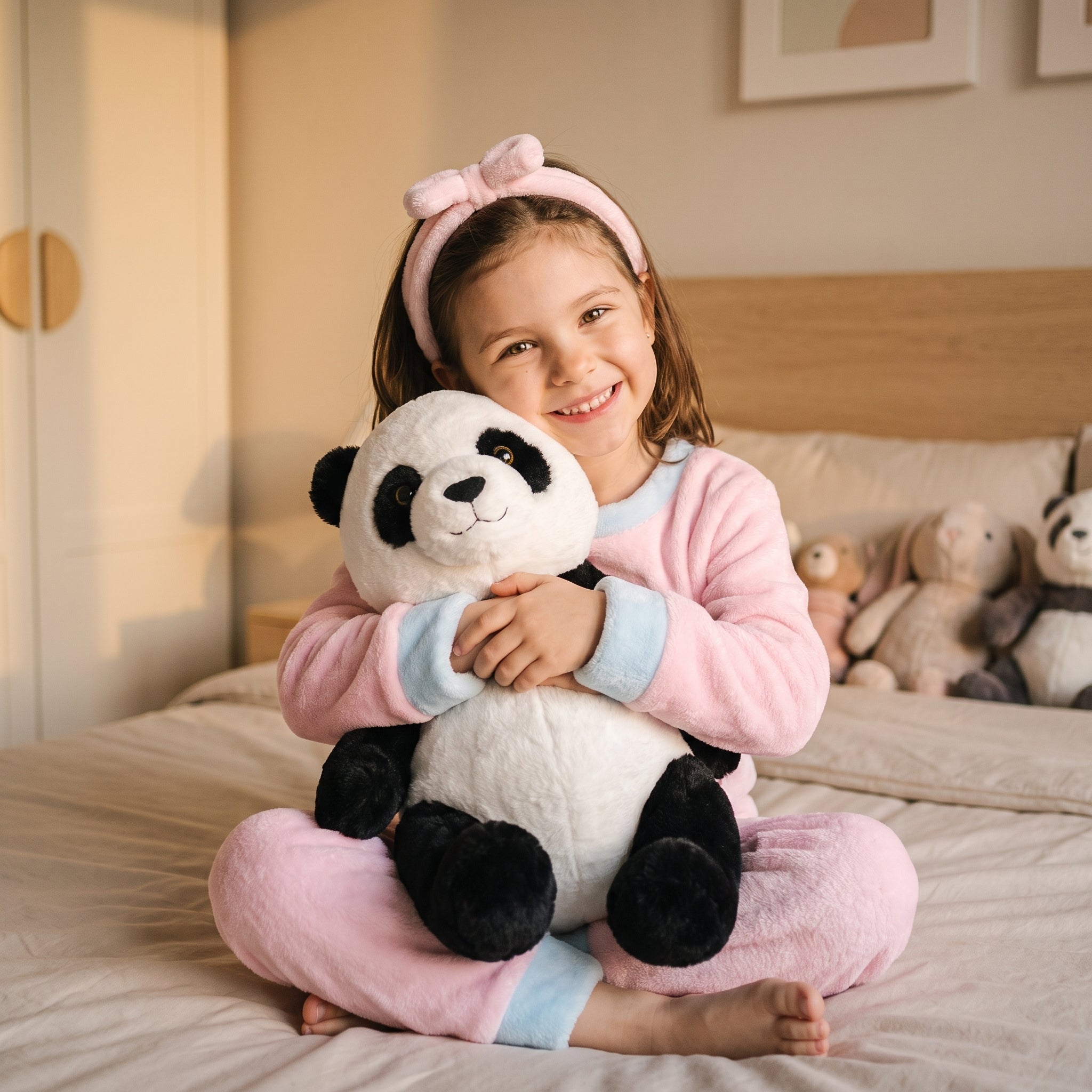 Petite fille en pyjama de flanelle serrant une peluche panda sur son lit Image