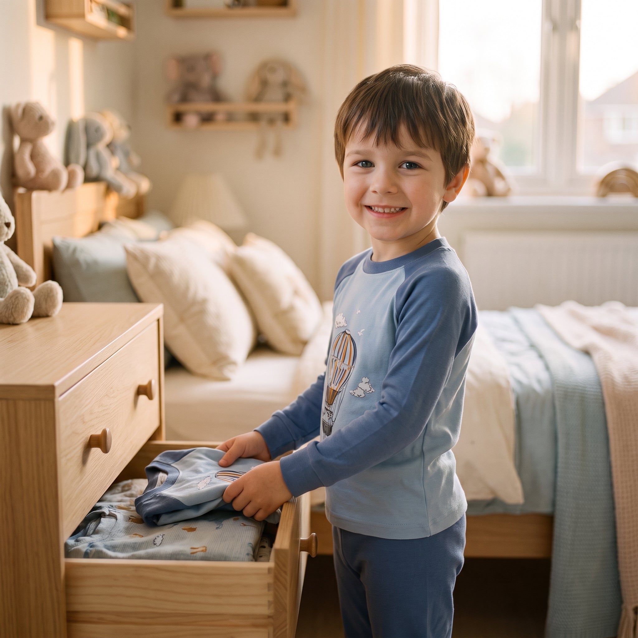 Enfant choisissant son pyjama dans le tiroir de sa commode Image