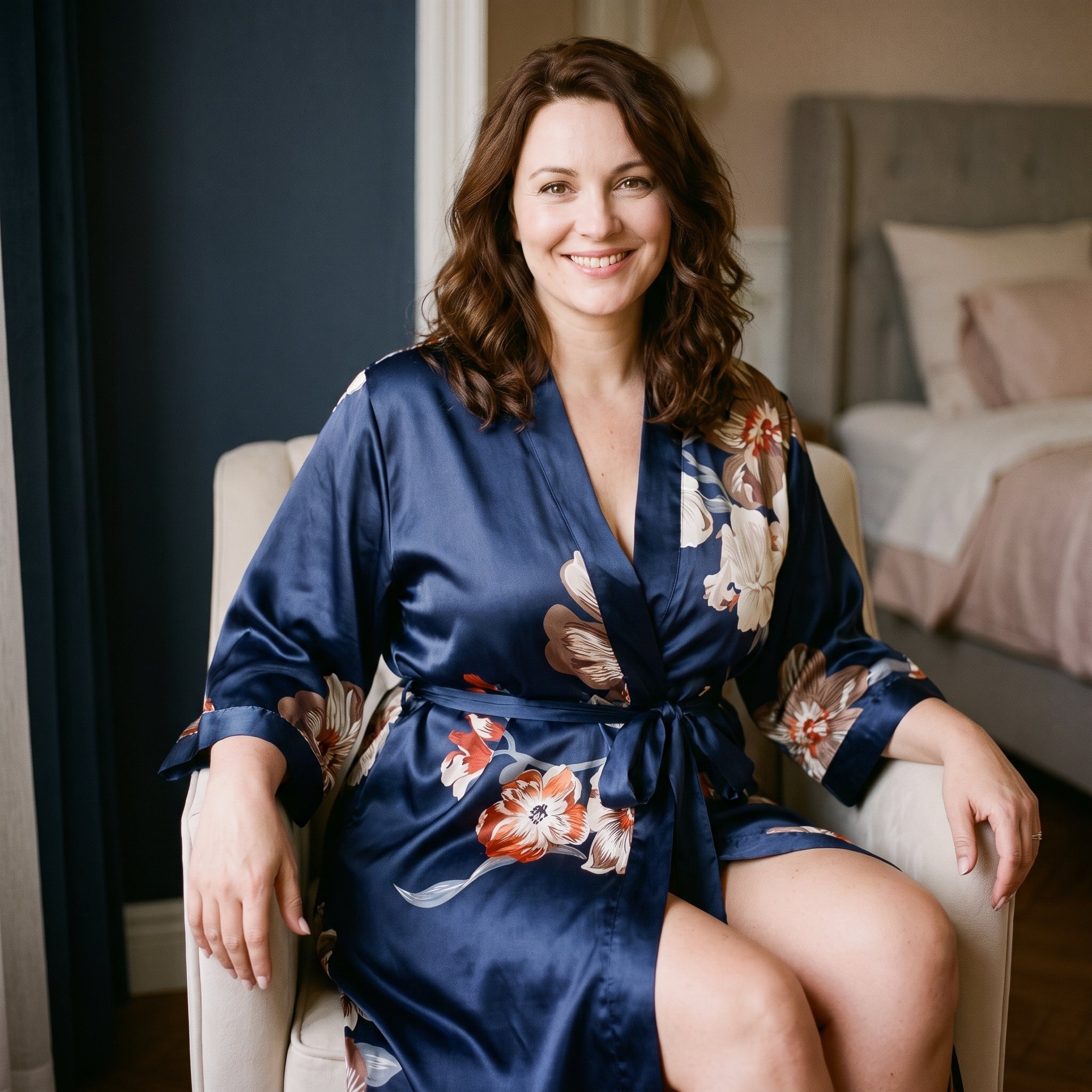Femme grande taille en kimono satin bleu marine floral, assise, boudoir Image