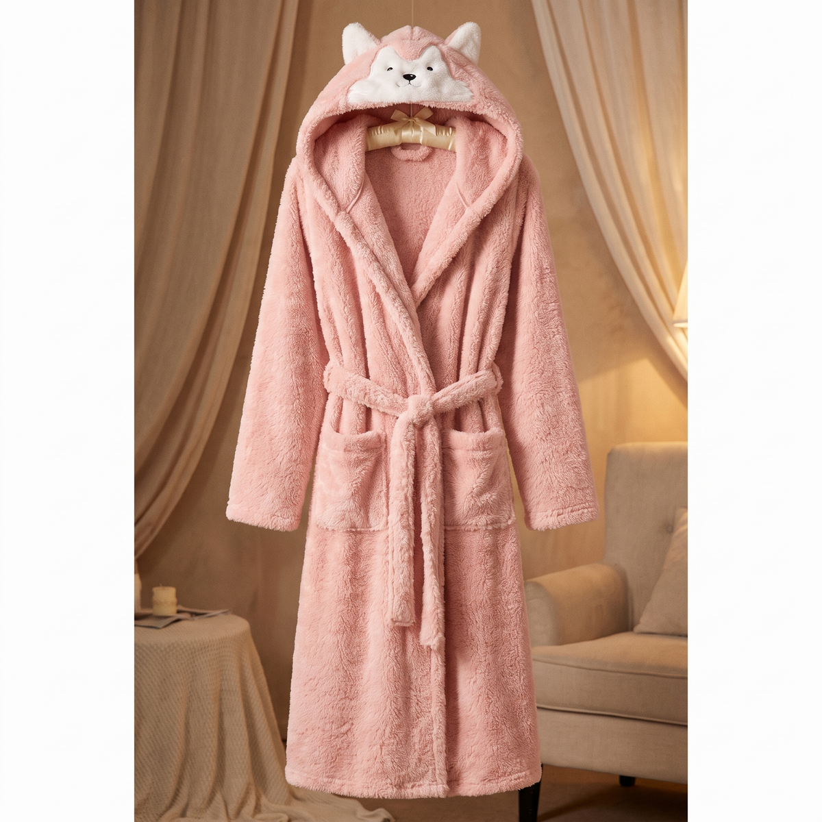 Vue de face de la robe de chambre rose ceinturée à capuche animal