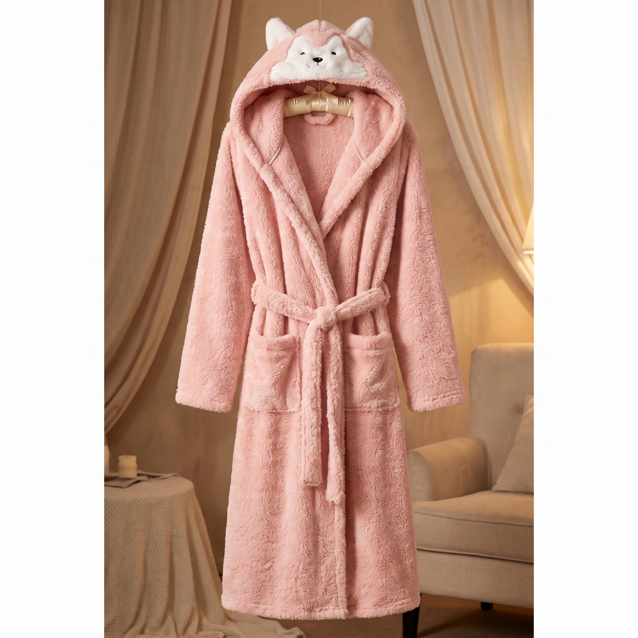Vue de face de la robe de chambre rose ceinturée à capuche animal Image