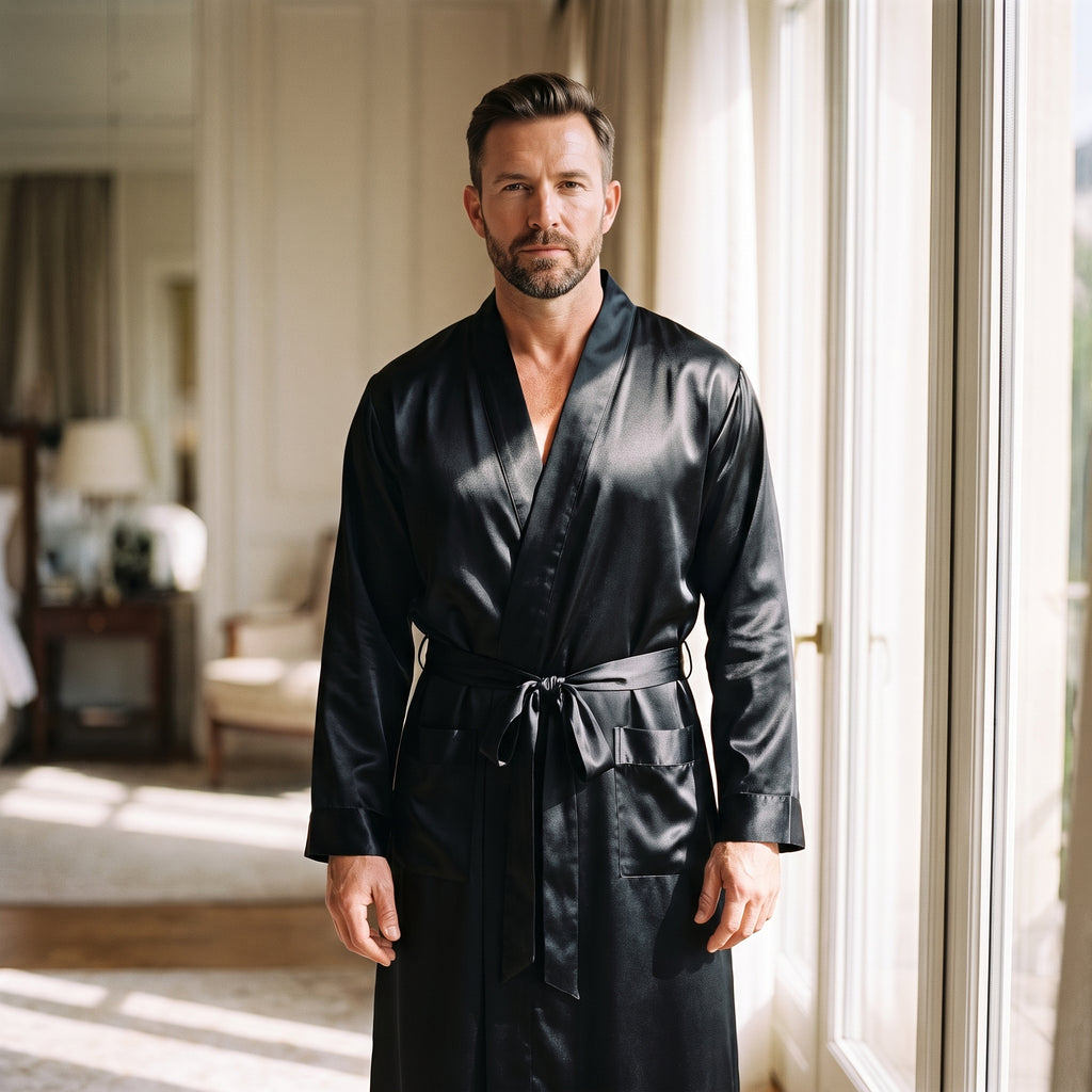 Peignoir homme en satin noir porté, col châle et manches longues