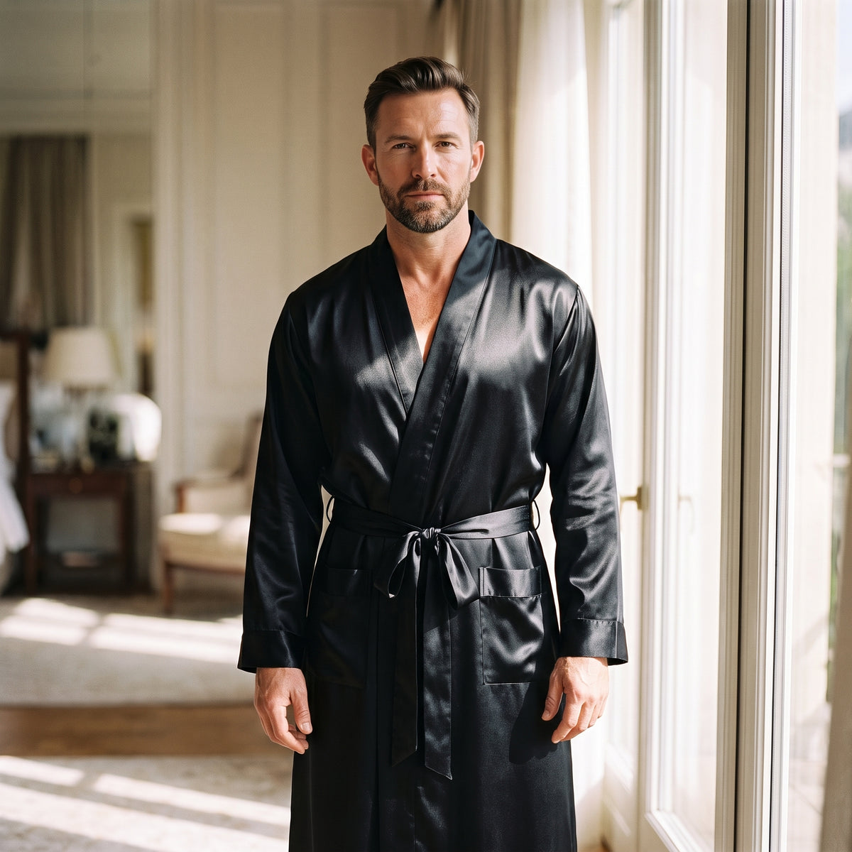 Peignoir homme en satin noir porté, col châle et manches longues