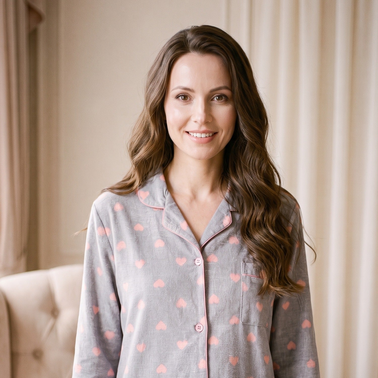 Modele souriante portant la chemise de nuit a coeurs roses, vue carree pour le bloc emotion Image