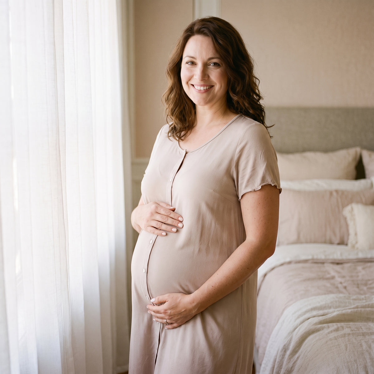 Femme enceinte souriante près de la fenêtre au matin, les mains posées sur son ventre rond, en chemise de nuit de maternité à encolure ronde