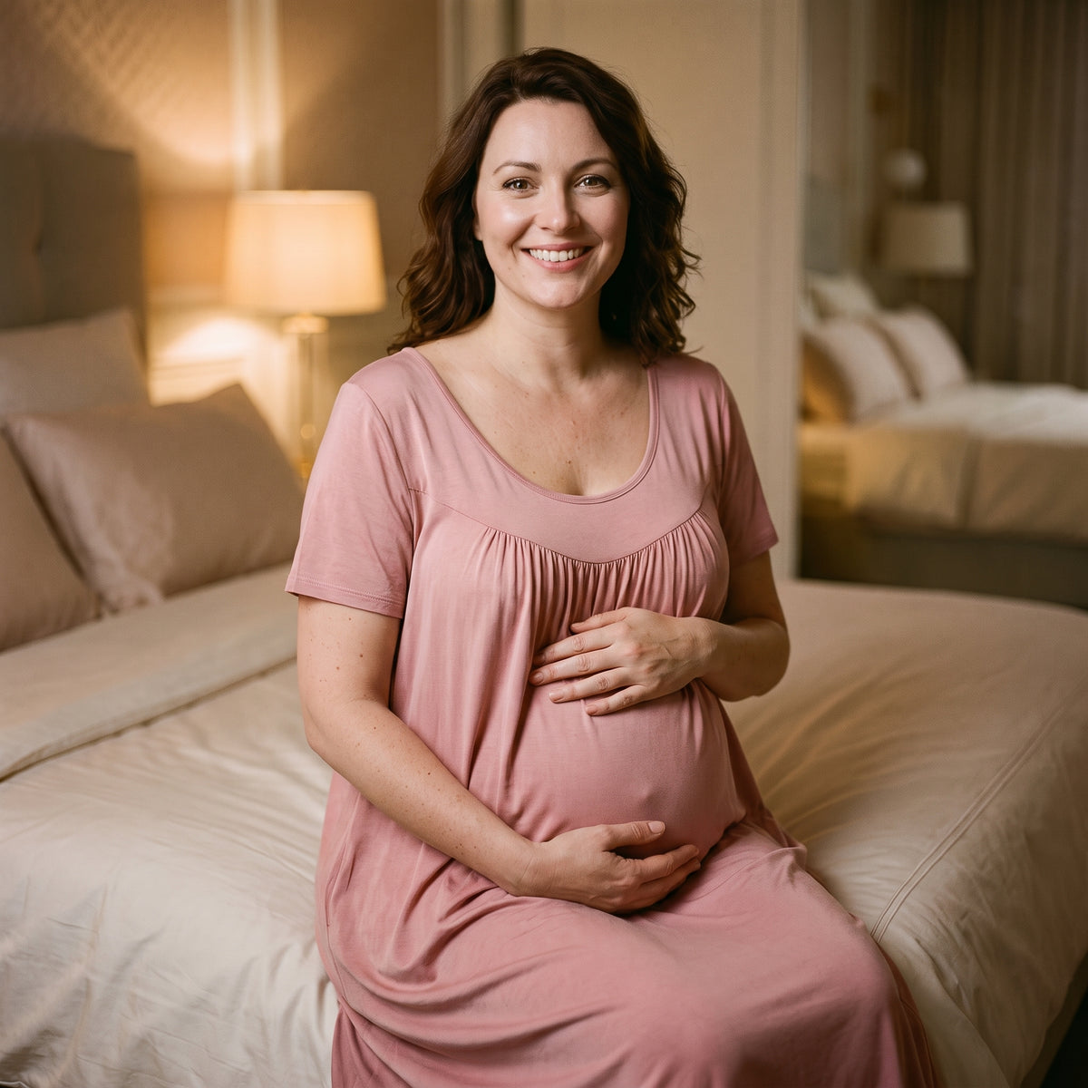Femme enceinte assise au bord du lit en chemise de nuit rose poudré, les deux mains posées sur le ventre