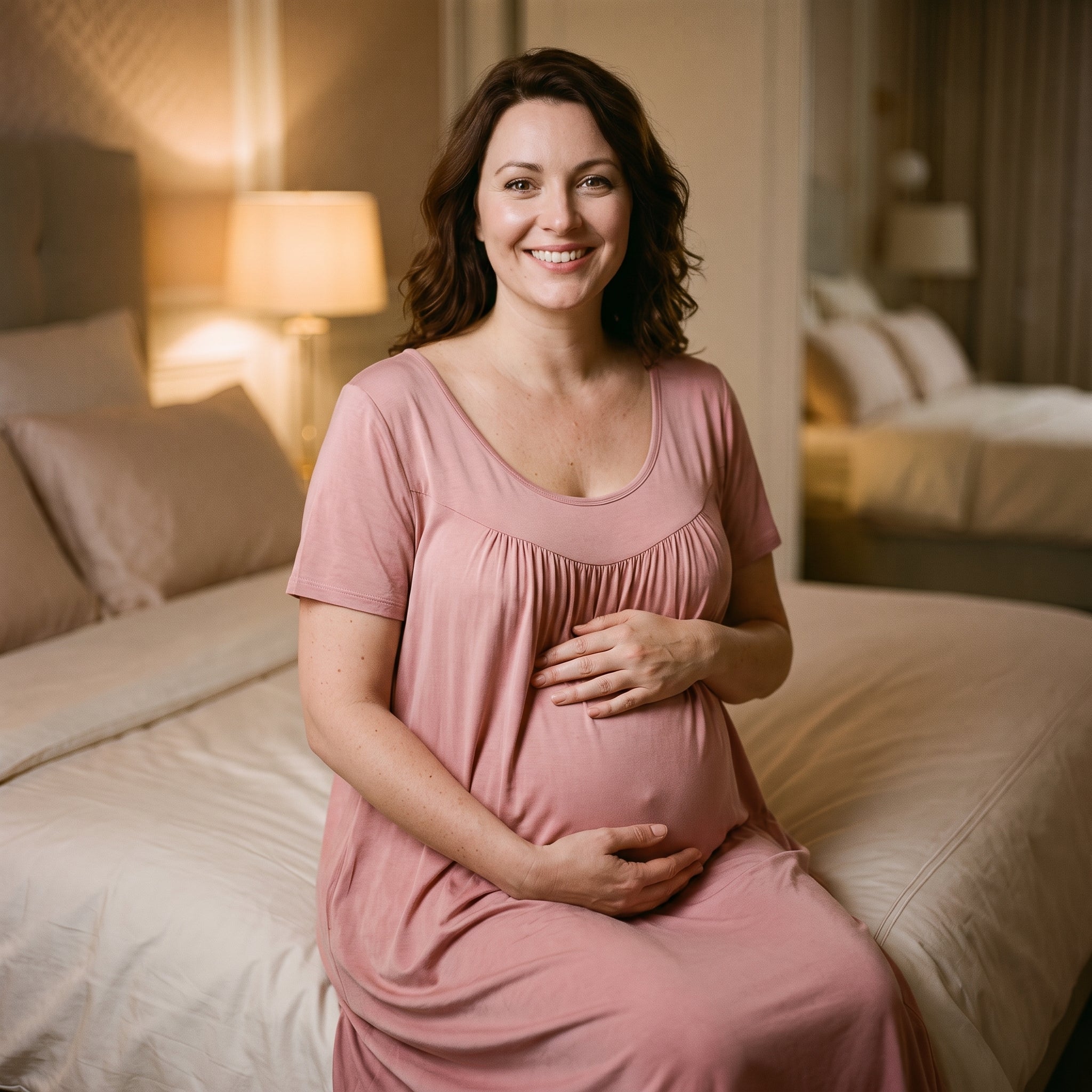 Femme enceinte assise au bord du lit en chemise de nuit rose poudré, les deux mains posées sur le ventre Image