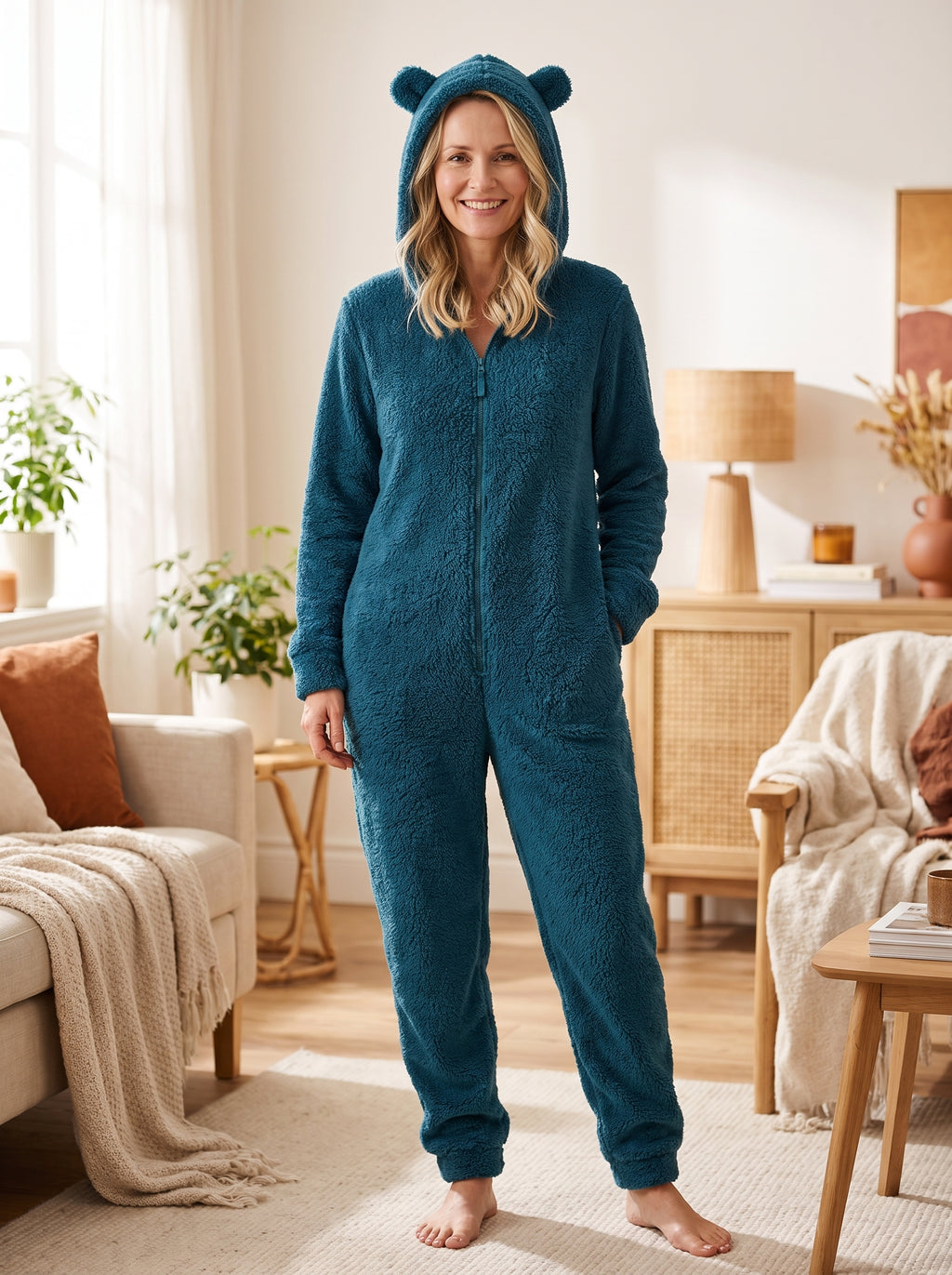 Combinaison pyjama moelleuse vert canard portée, capuche à oreilles et fermeture zip