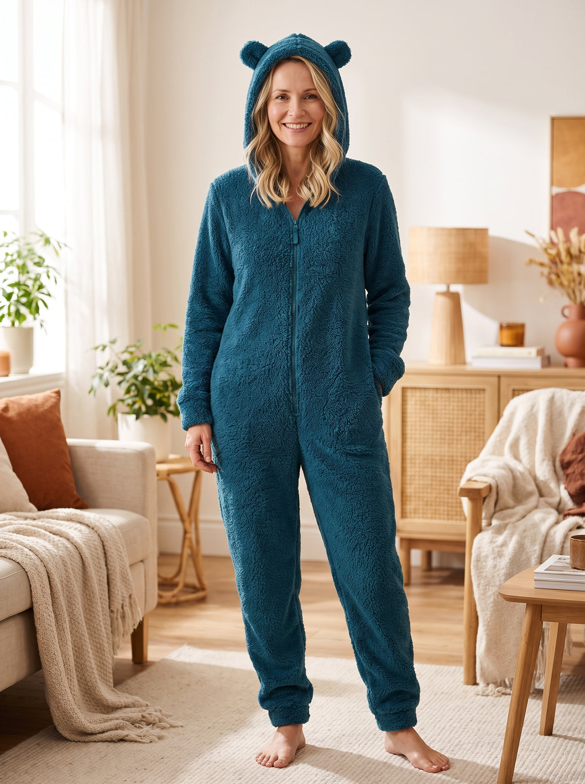 Combinaison pyjama moelleuse vert canard portée, capuche à oreilles et fermeture zip
