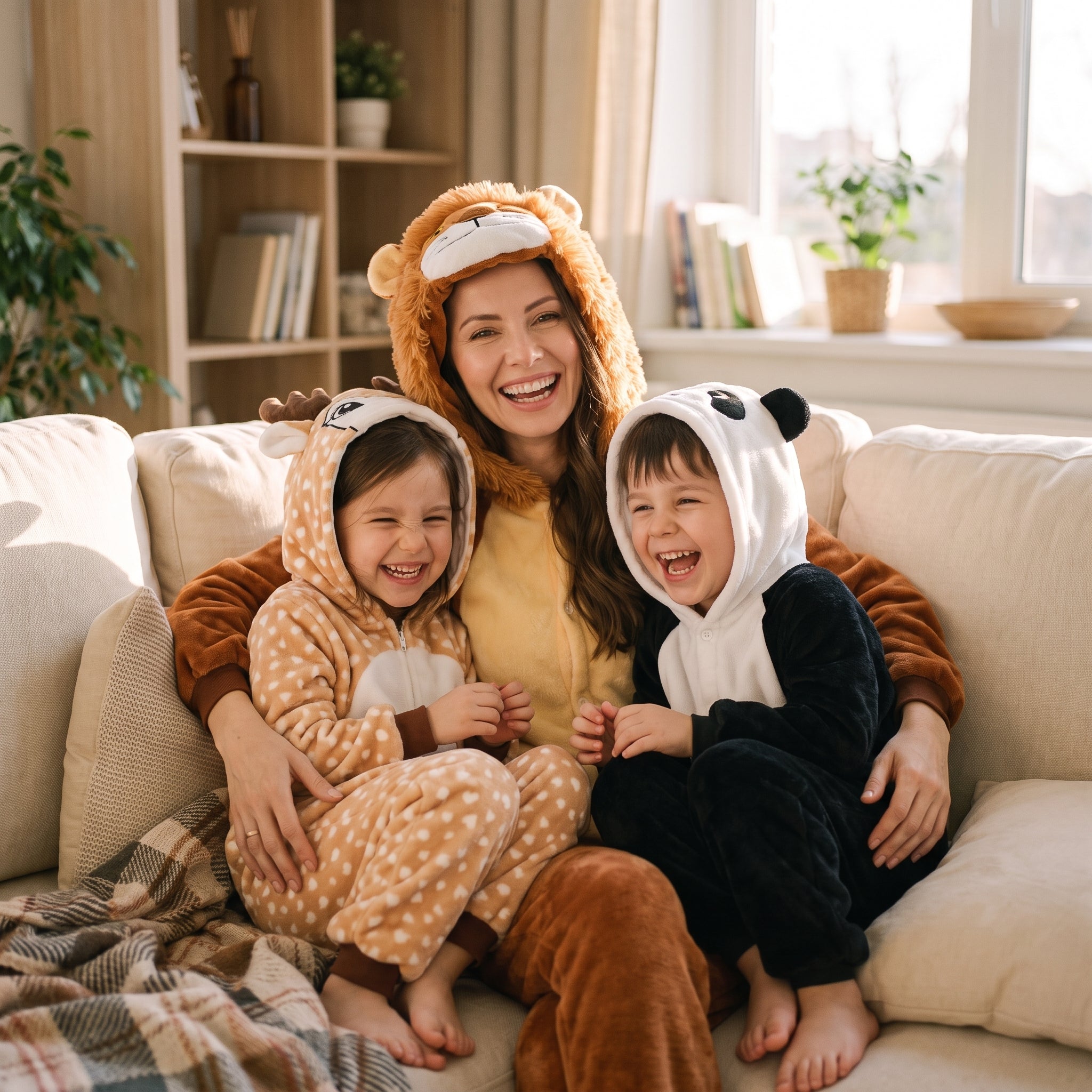 Une mere et ses deux enfants en combinaison pyjama animal sur le canape Image