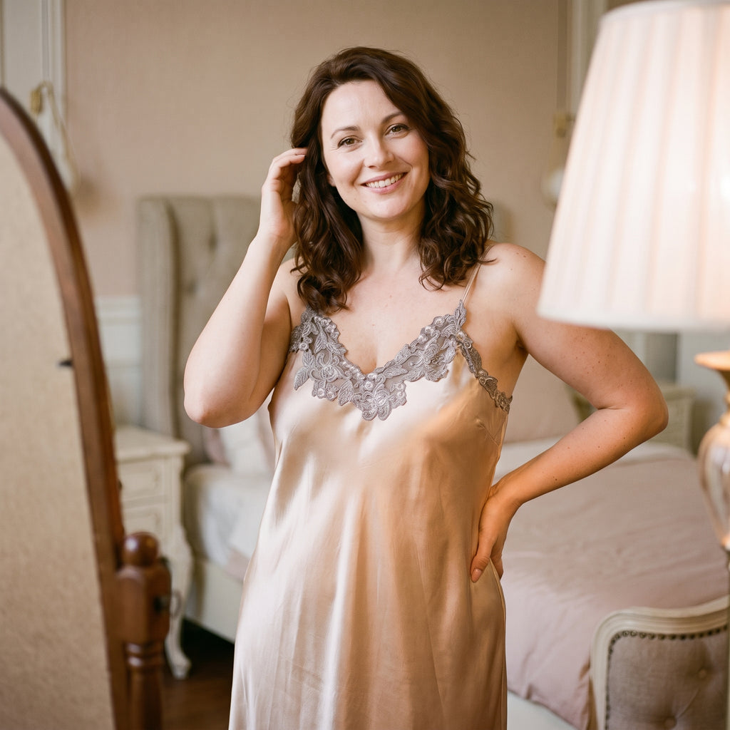 Femme debout devant un miroir sur pied, une main dans les cheveux, le décolleté en V et sa guipure argentée pris dans la lumière d’une lampe