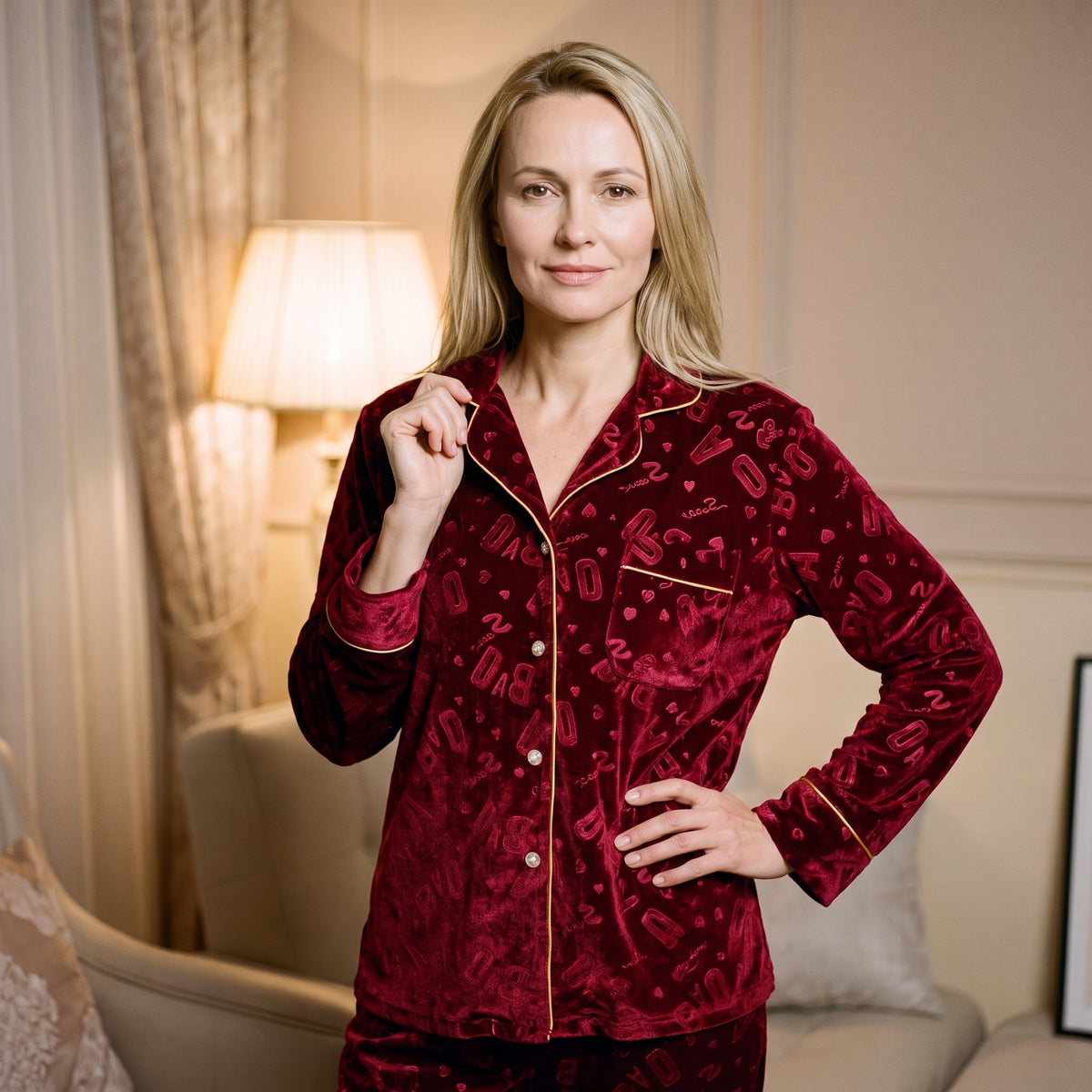 Femme debout près d'une lampe allumée, une main qui remonte le revers du col de sa chemise de pyjama en velours rouge
