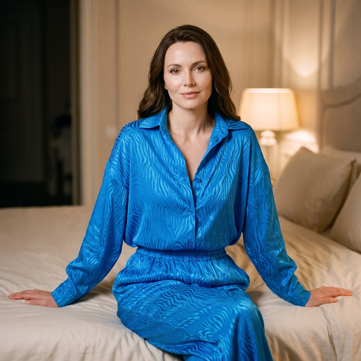 Femme assise au bord d'un lit crème à la lueur d'une lampe, en chemise et pantalon de pyjama bleu satiné