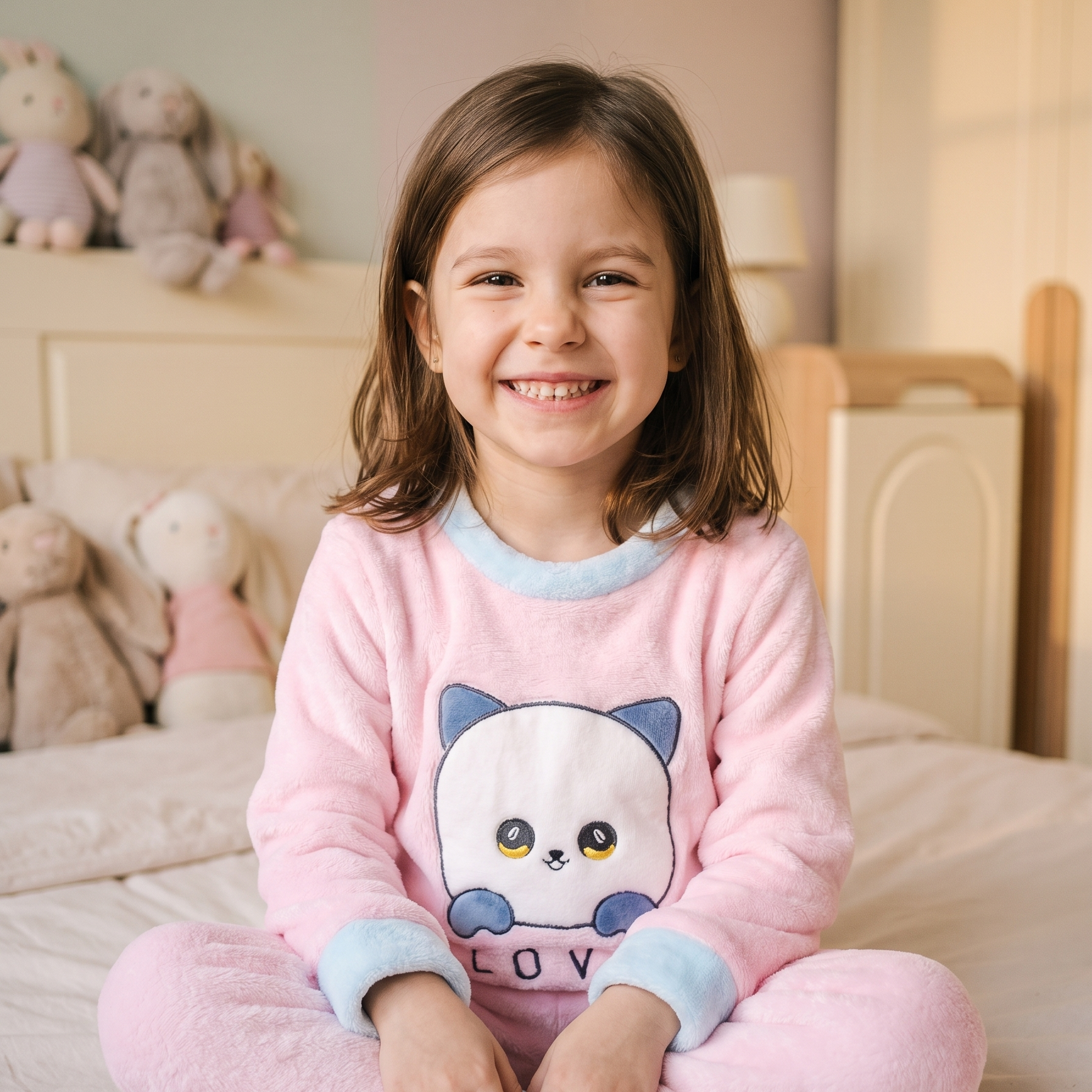 Petite fille portant le pyjama rose avec chat et mot LOVE Image