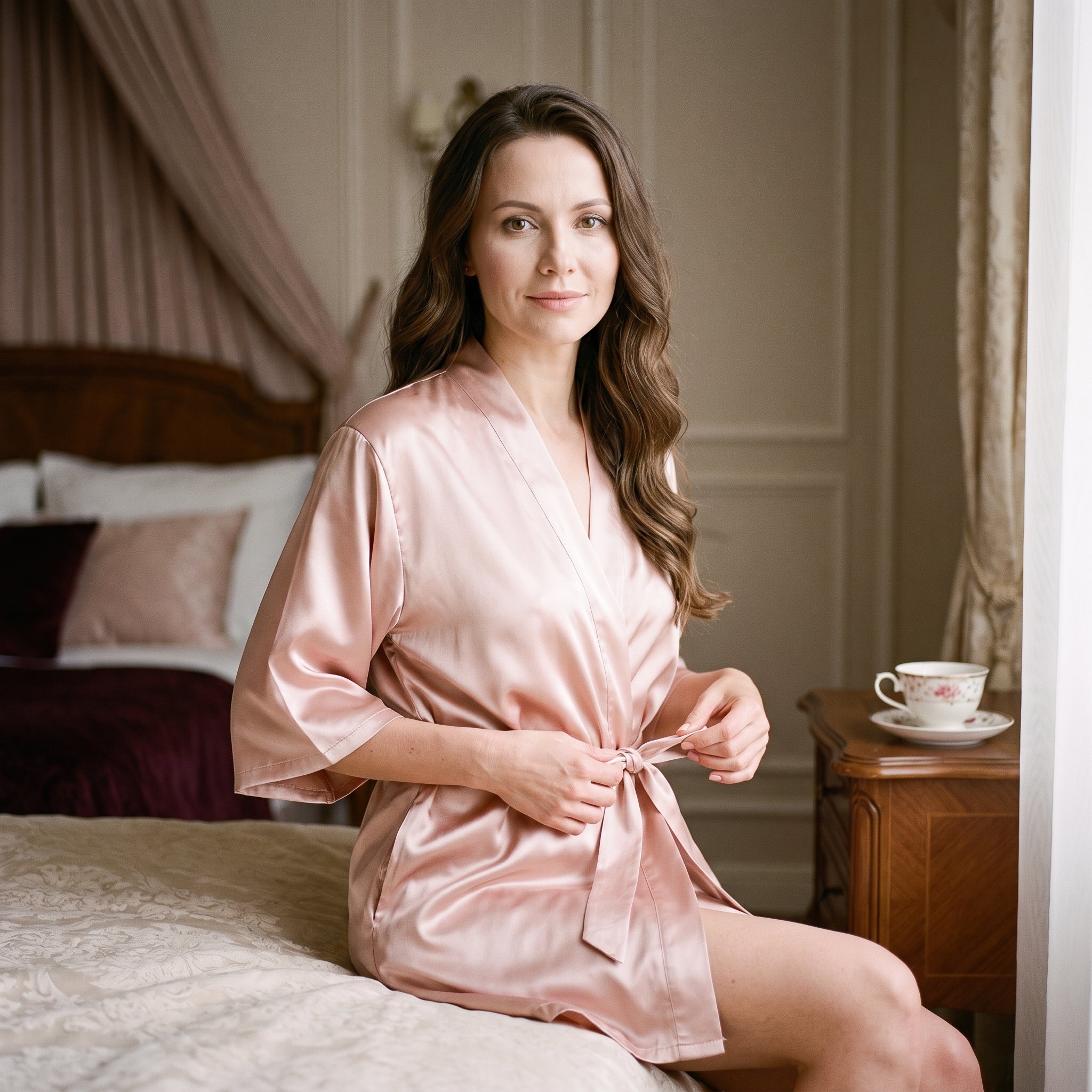 Femme assise au bord d'un lit le matin, serrant la ceinture de son peignoir kimono rose doré, une tasse posée près d'elle Image
