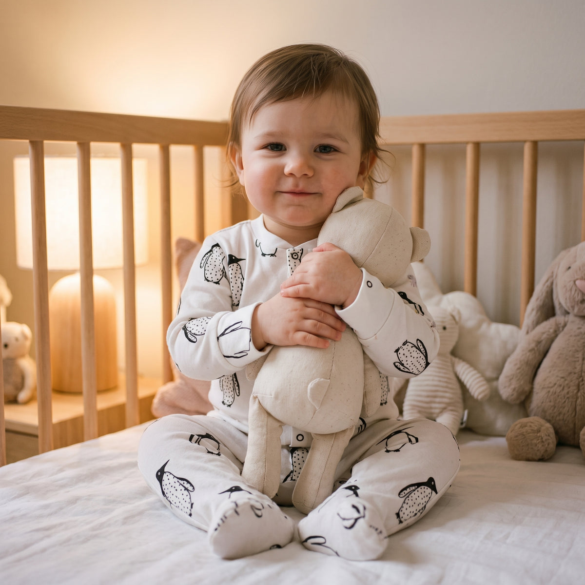 Bébé assis sur son lit en combinaison pyjama blanche à pingouins, le soir