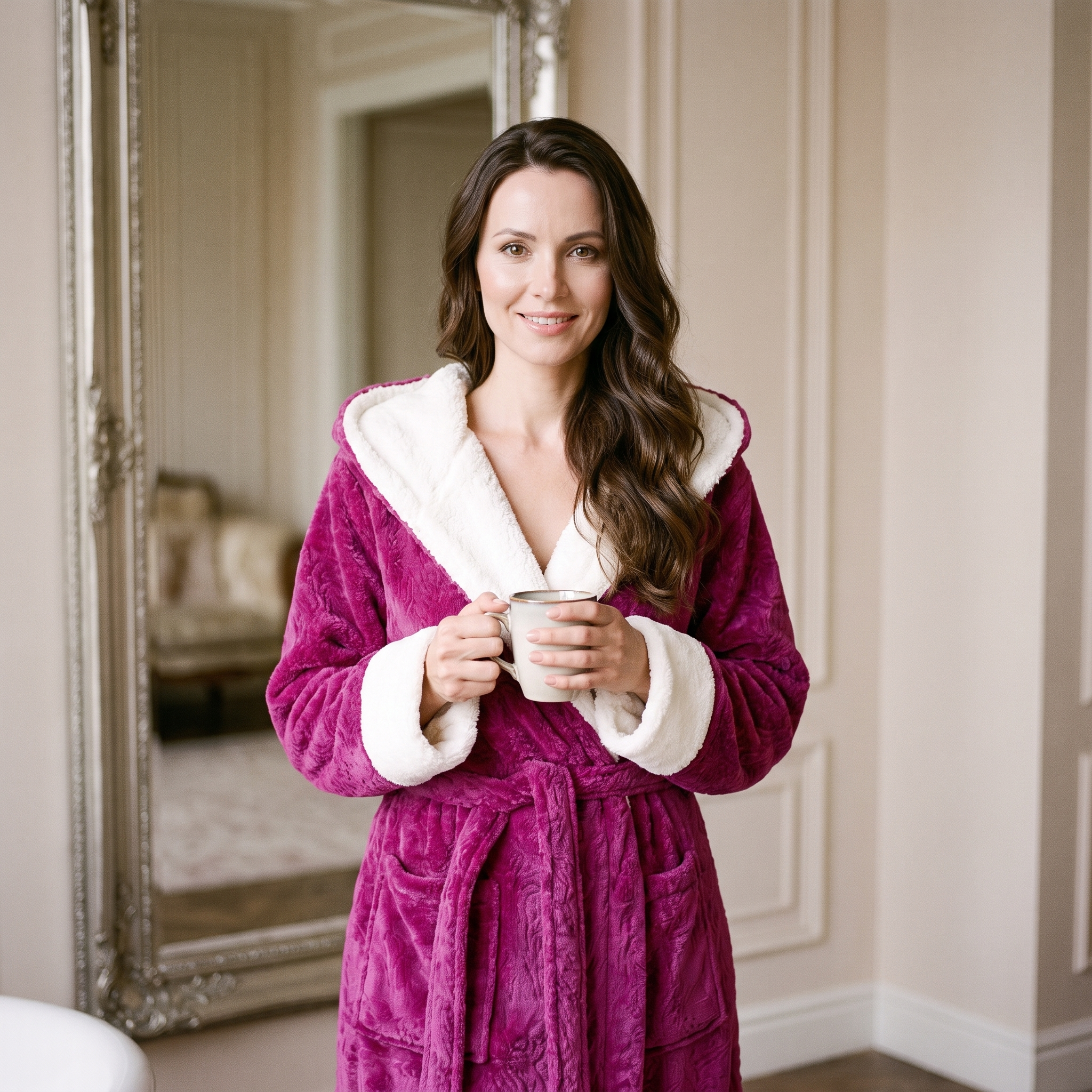 Devant le miroir avec une tasse, elle commence son matin au chaud dans le peignoir violet, capuche rabattue sur les épaules Image
