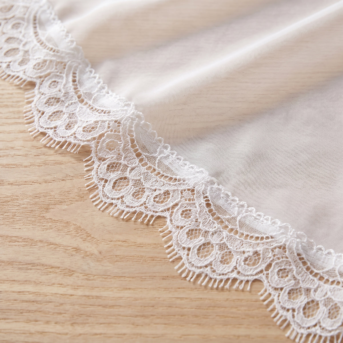 Macro de la dentelle festonnée qui borde les revers et les poignets