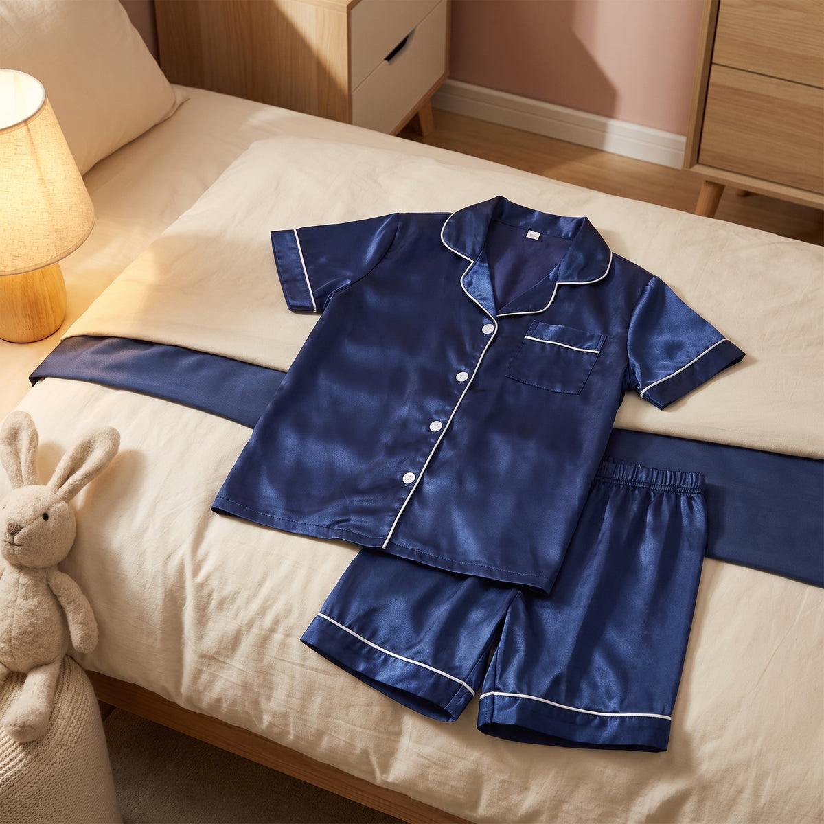 Ensemble de pyjama fille bleu marine posé sur le lit ouvert d'une chambre d'enfant, près d'une lampe de chevet allumée le soir