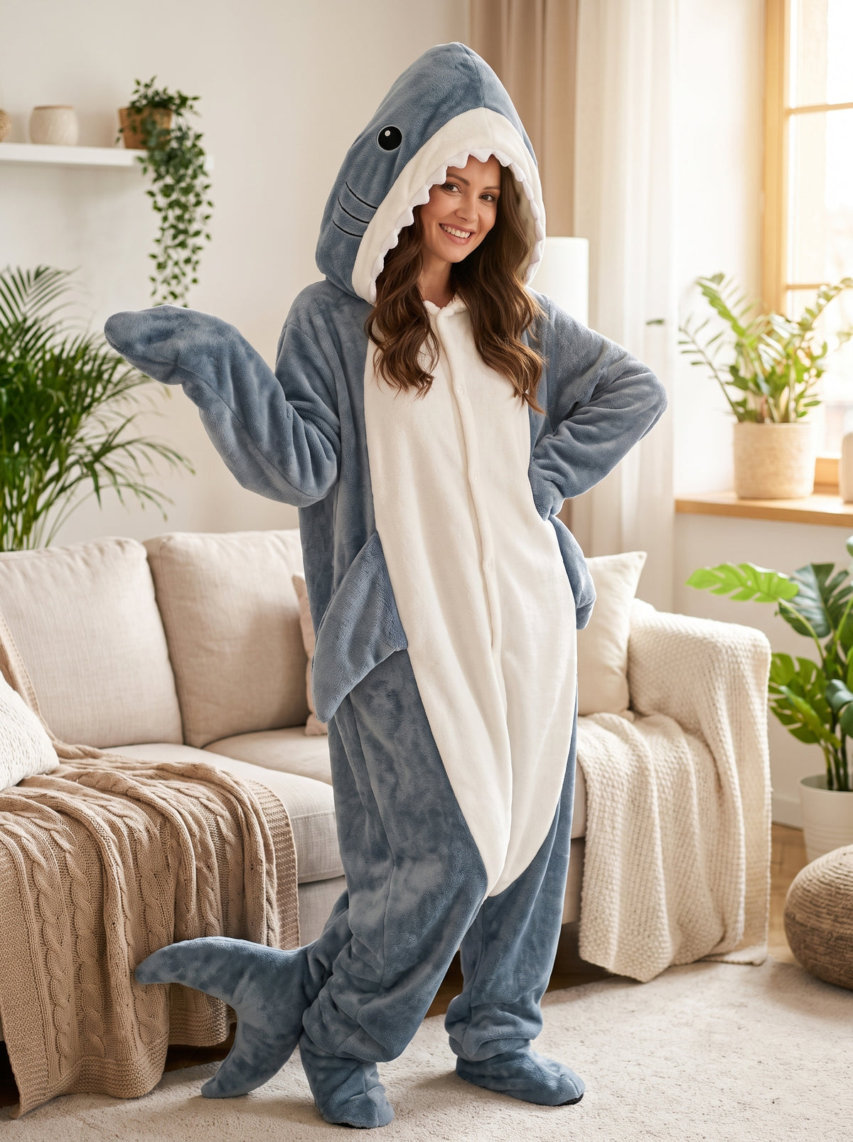 Combinaison pyjama requin portée en pied, capuche relevée et queue aux pieds