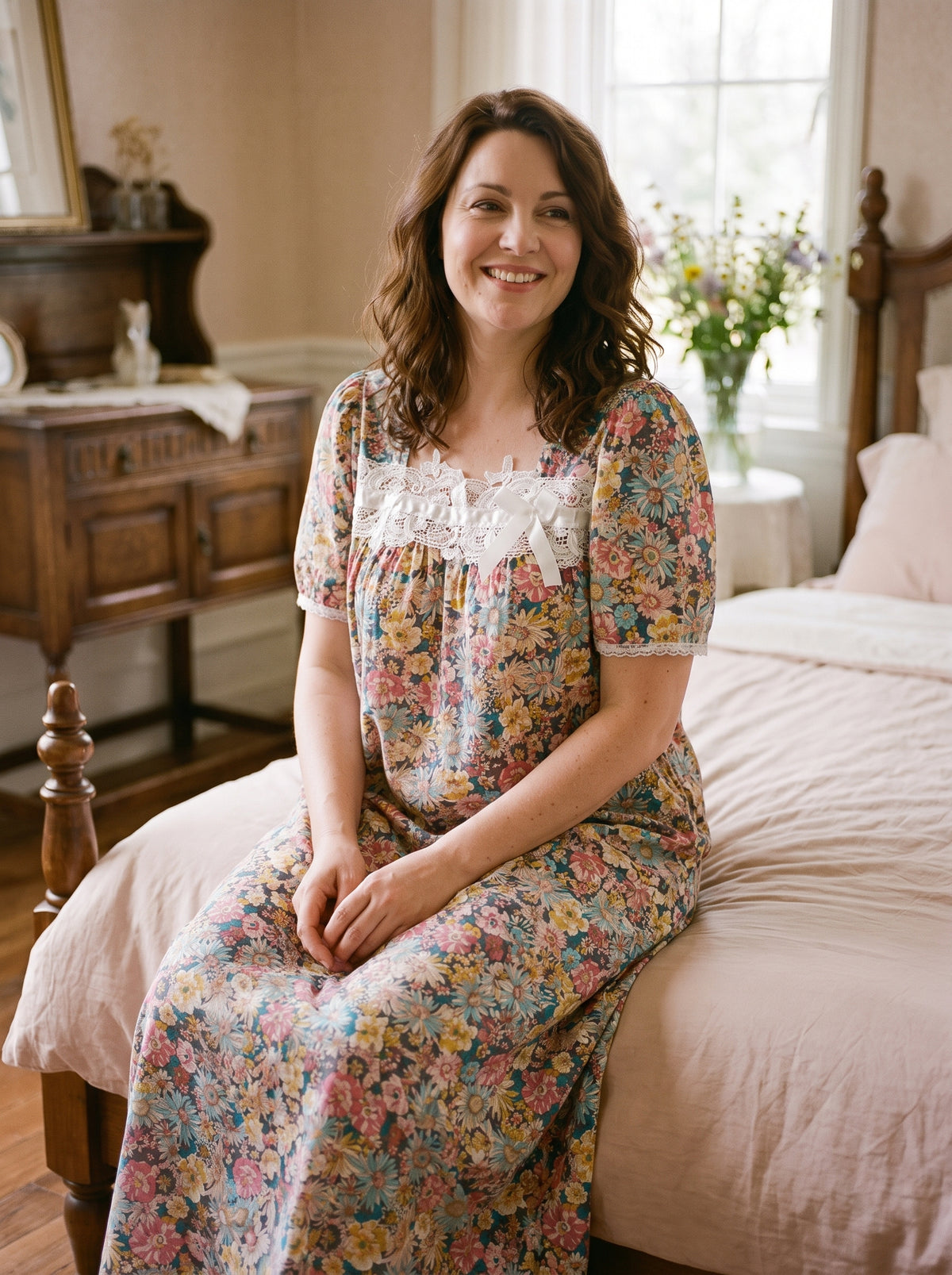 Chemise de nuit fleurie portée en pied, col carré dentelle et manches courtes