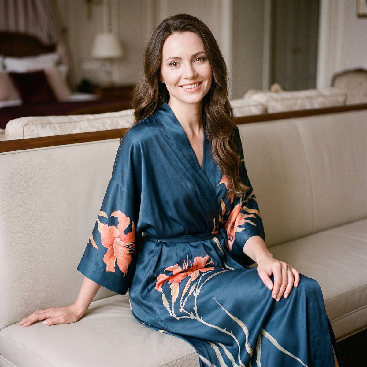 Peignoir kimono en satin imprimé porté, col cache-coeur et manches larges