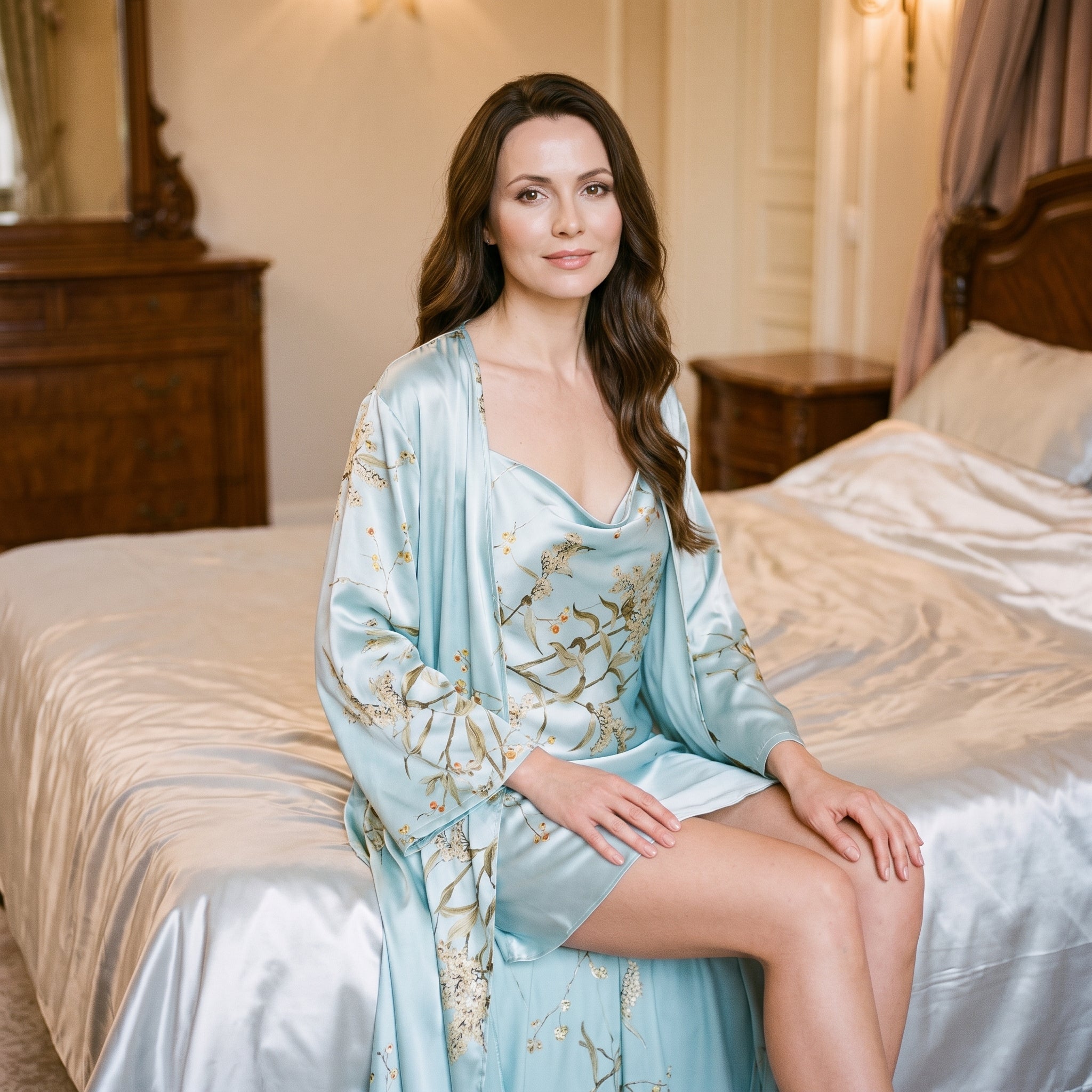 Femme en ensemble nuisette et kimono satin bleu floral, assise, boudoir Image