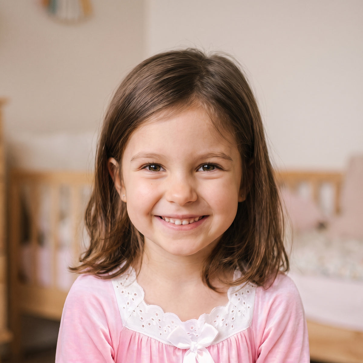 Petite fille souriante comme une princesse dans sa chemise de nuit rose poudré
