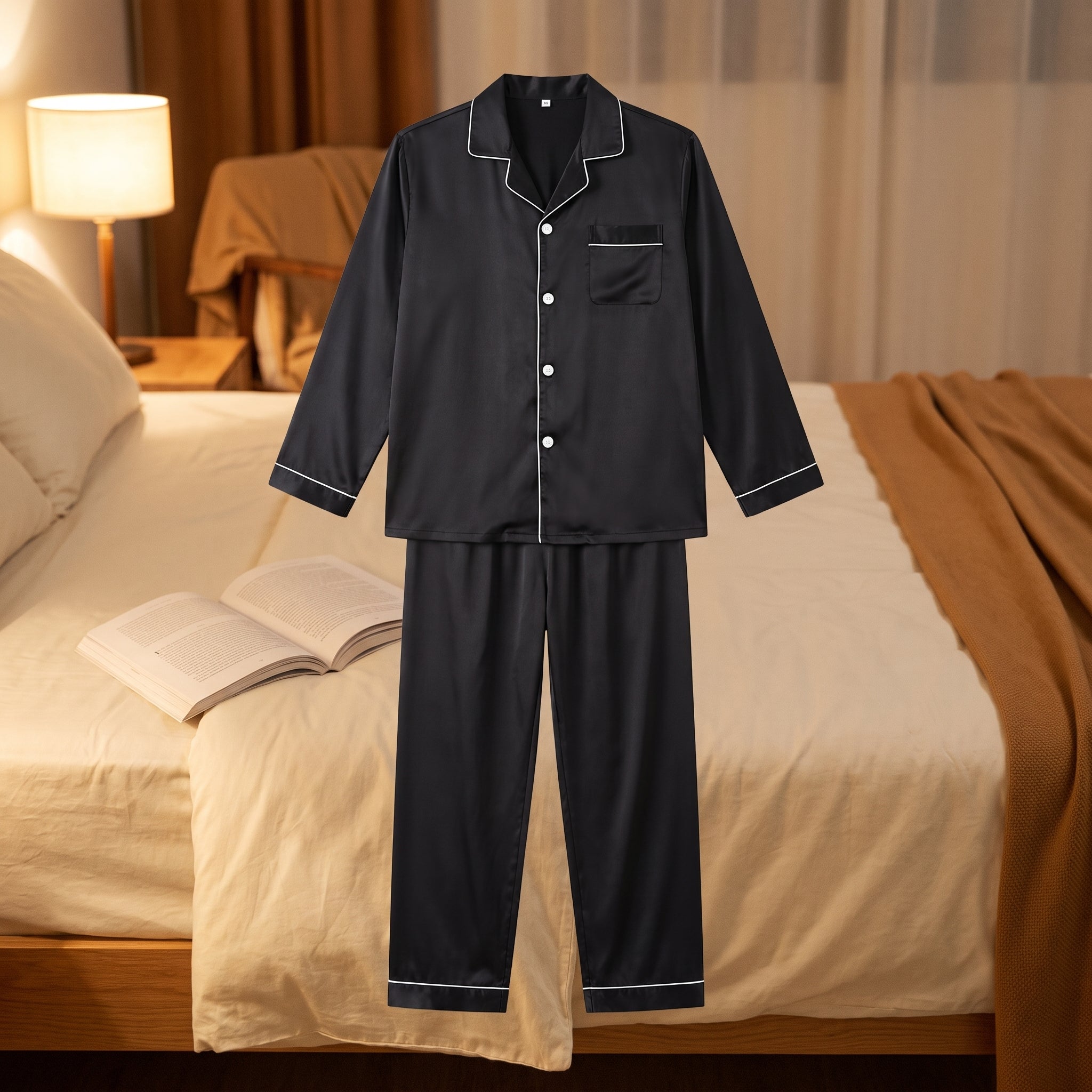 Ensemble de pyjama homme noir satiné présenté en volume devant un lit ouvert, chemise boutonnée et pantalon droit, à la lumière d'une lampe de chevet le soir Image