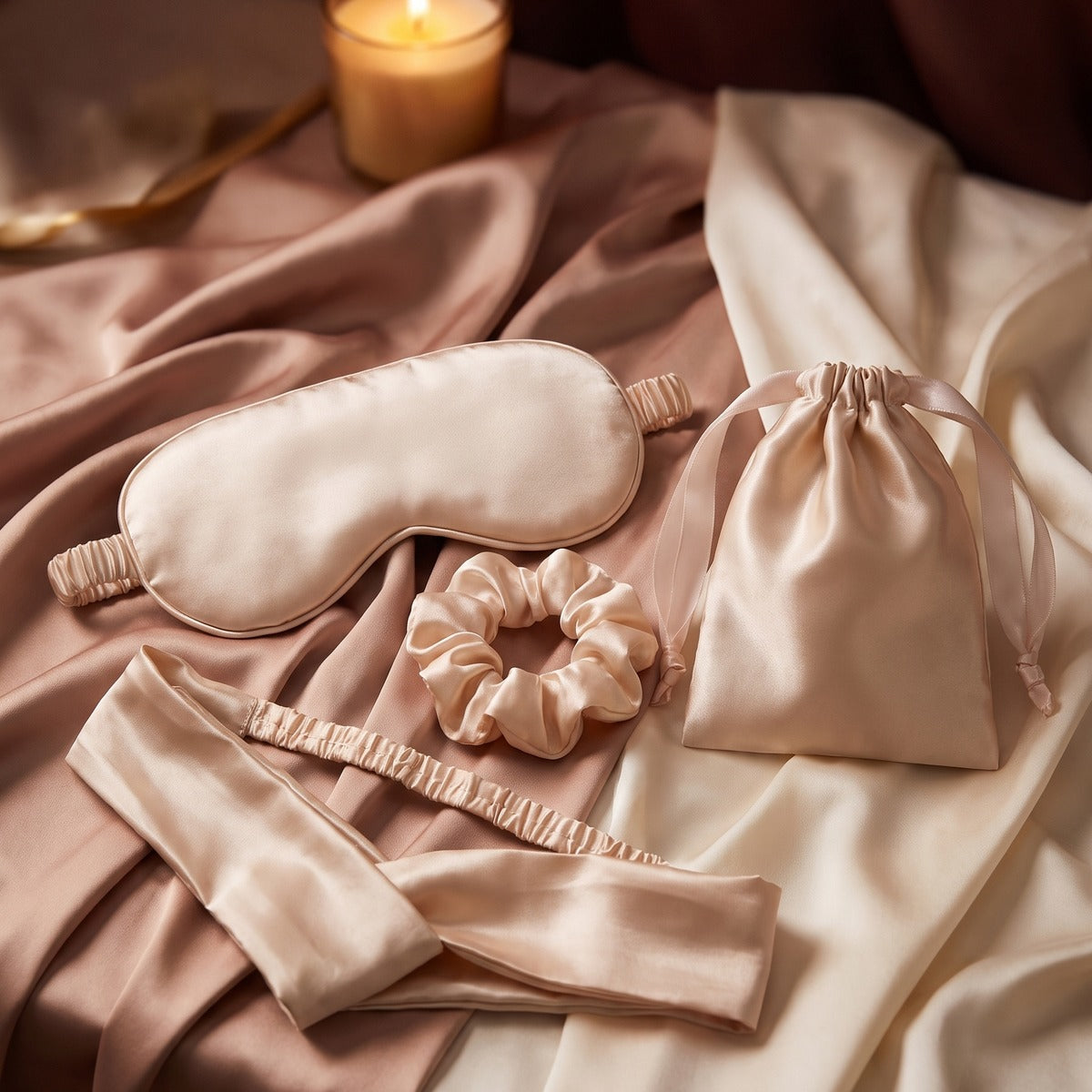 Kit nuit soie champagne, composition boudoir, ambiance cocon intime — carré bloc 1