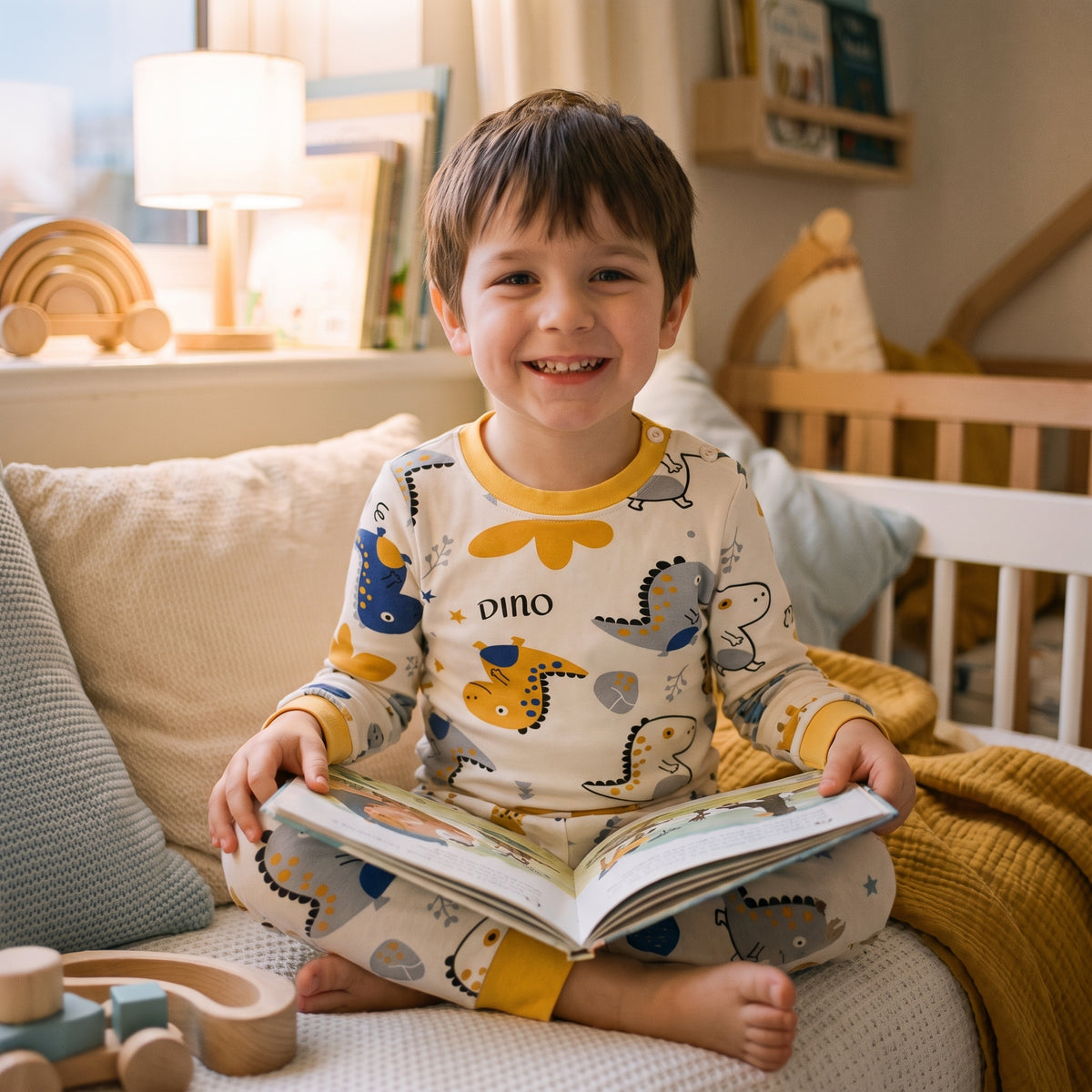 Petit garçon assis sur son lit en pyjama dinosaures, un livre d’images ouvert sur les genoux