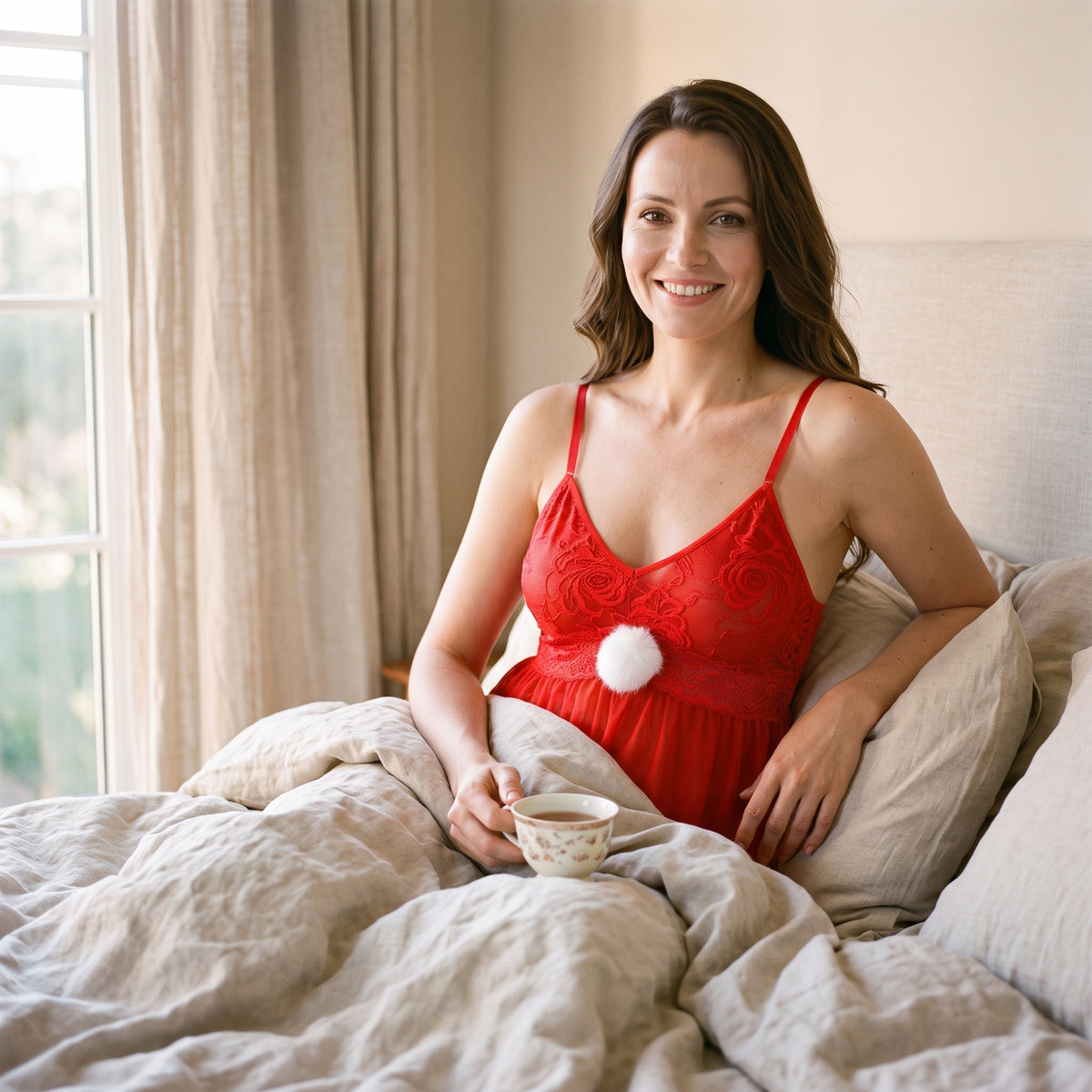 Femme souriante assise dans son lit en nuisette de Noël rouge, tasse à la main, dentelle de roses et pompon blanc