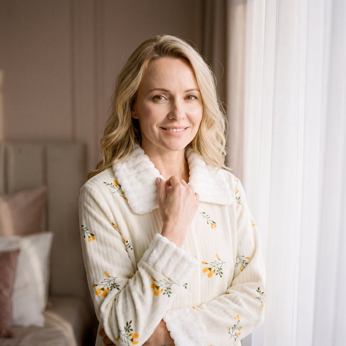 Femme en robe de chambre en coton fleuri près de la fenêtre à la première heure du jour