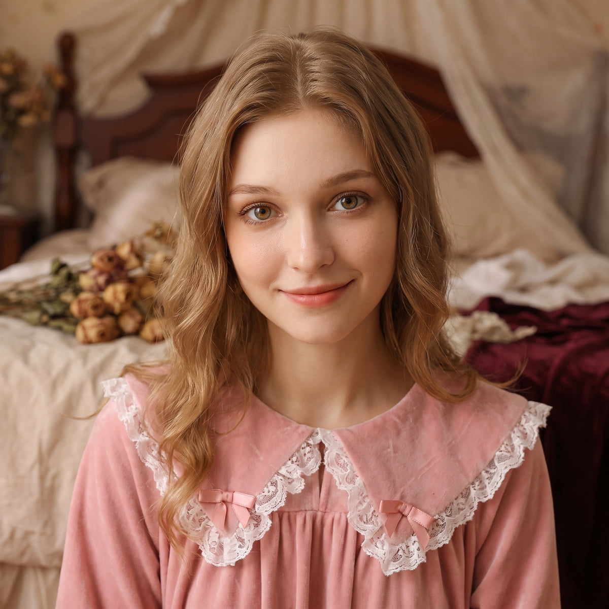 Portrait carre de la modele souriante en robe de nuit princesse velours rose, col Claudine dentelle blanche