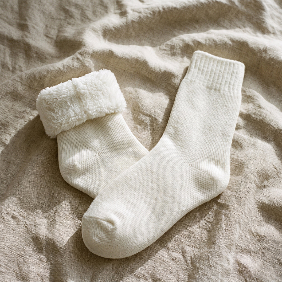 Paire de chaussettes cocooning blanches cote a cote, une avec revers polaire moelleux replie