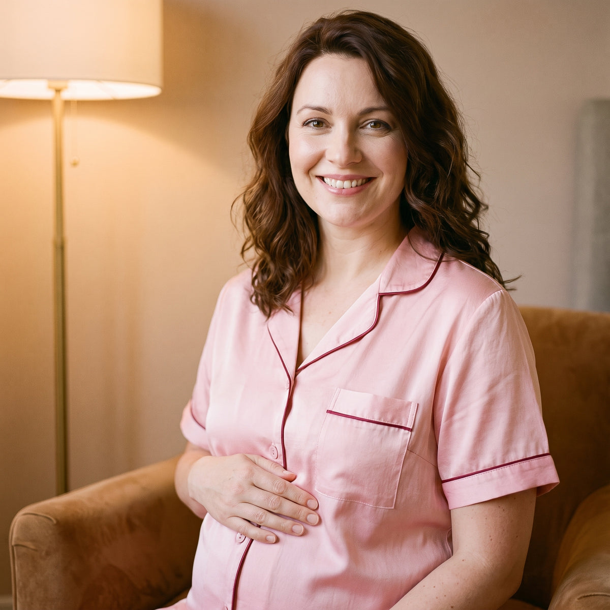 Femme enceinte souriante en chemise de nuit de maternité rose poudrée, assise dans un fauteuil de velours caramel