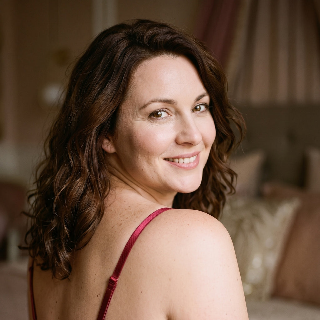 Portrait d'une femme portant la nuisette babydoll rouge, fines bretelles satin, ambiance boudoir