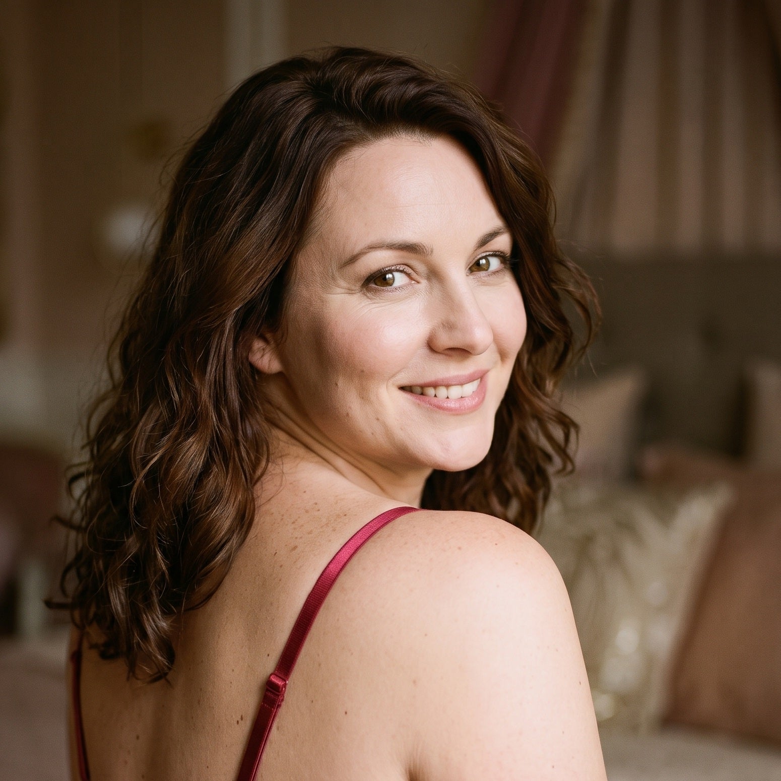 Portrait d'une femme portant la nuisette babydoll rouge, fines bretelles satin, ambiance boudoir Image