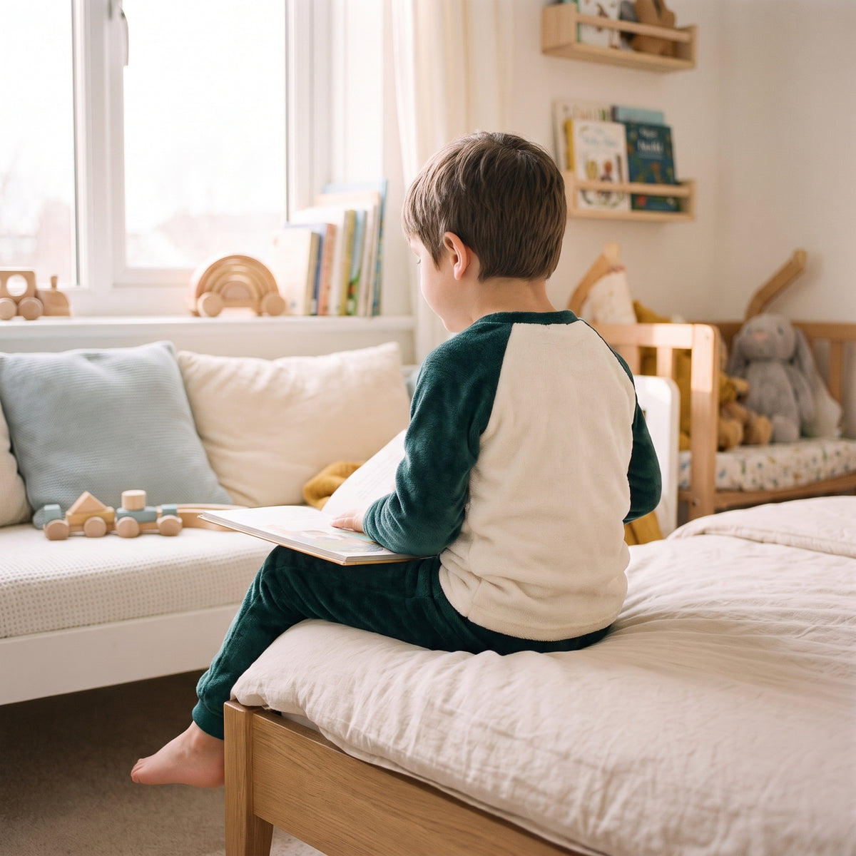 Enfant en pyjama de flanelle vert sapin, assis au bord de son lit face a la fenetre, un livre ouvert
