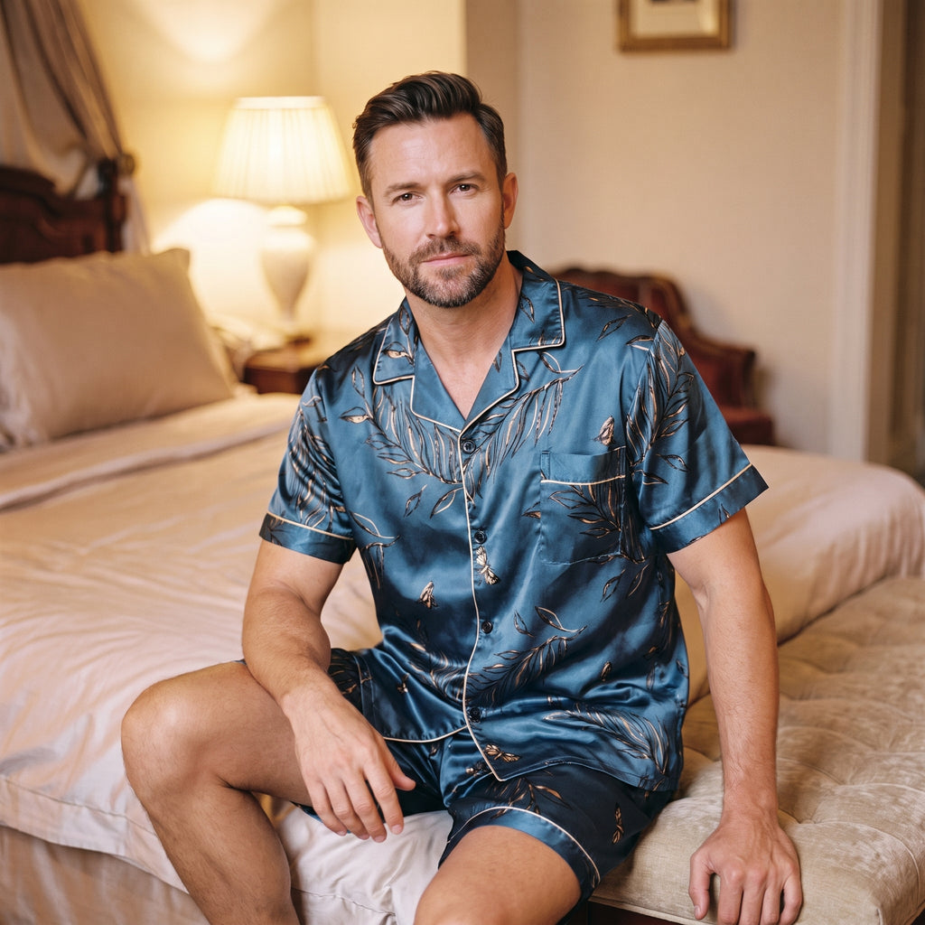 Homme assis au bord du lit en pyjama satiné bleu pétrole, un soir d’été, lampe allumée derrière lui