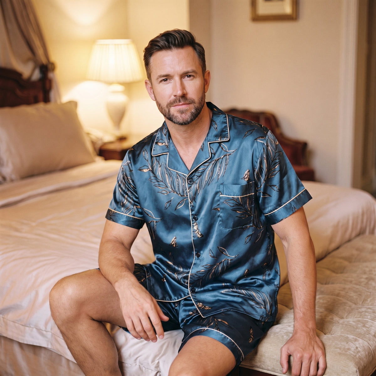 Homme assis au bord du lit en pyjama satiné bleu pétrole, un soir d’été, lampe allumée derrière lui