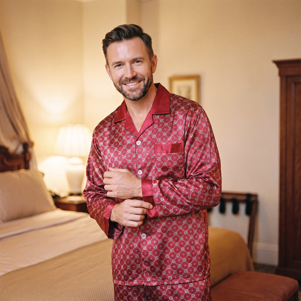 Homme debout dans sa chambre en fin de journée, il ajuste le poignet de sa chemise de pyjama satiné rouge, les boutons fermés