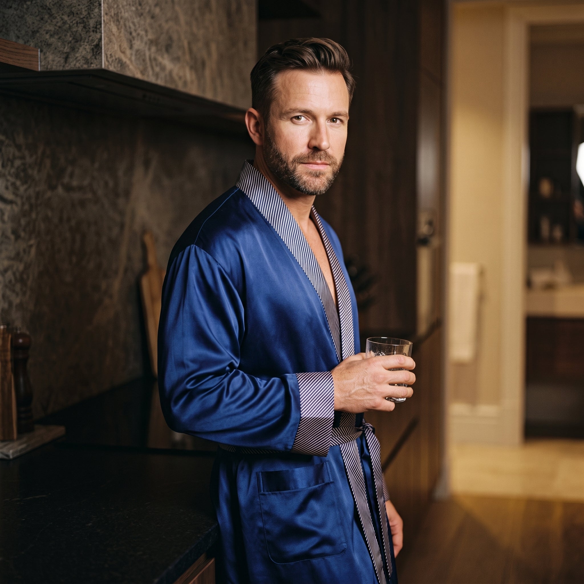 Homme en robe de chambre de soie bleu marine, un verre à la main, le soir Image