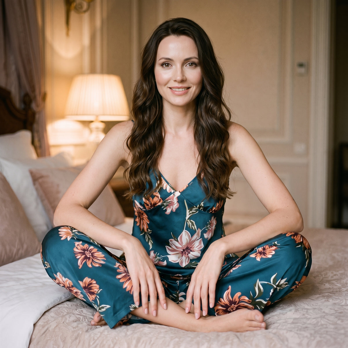 Femme brune assise en tailleur au bord de son lit dans le pyjama bleu canard à fleurs, épaules à l’air, un soir de juillet