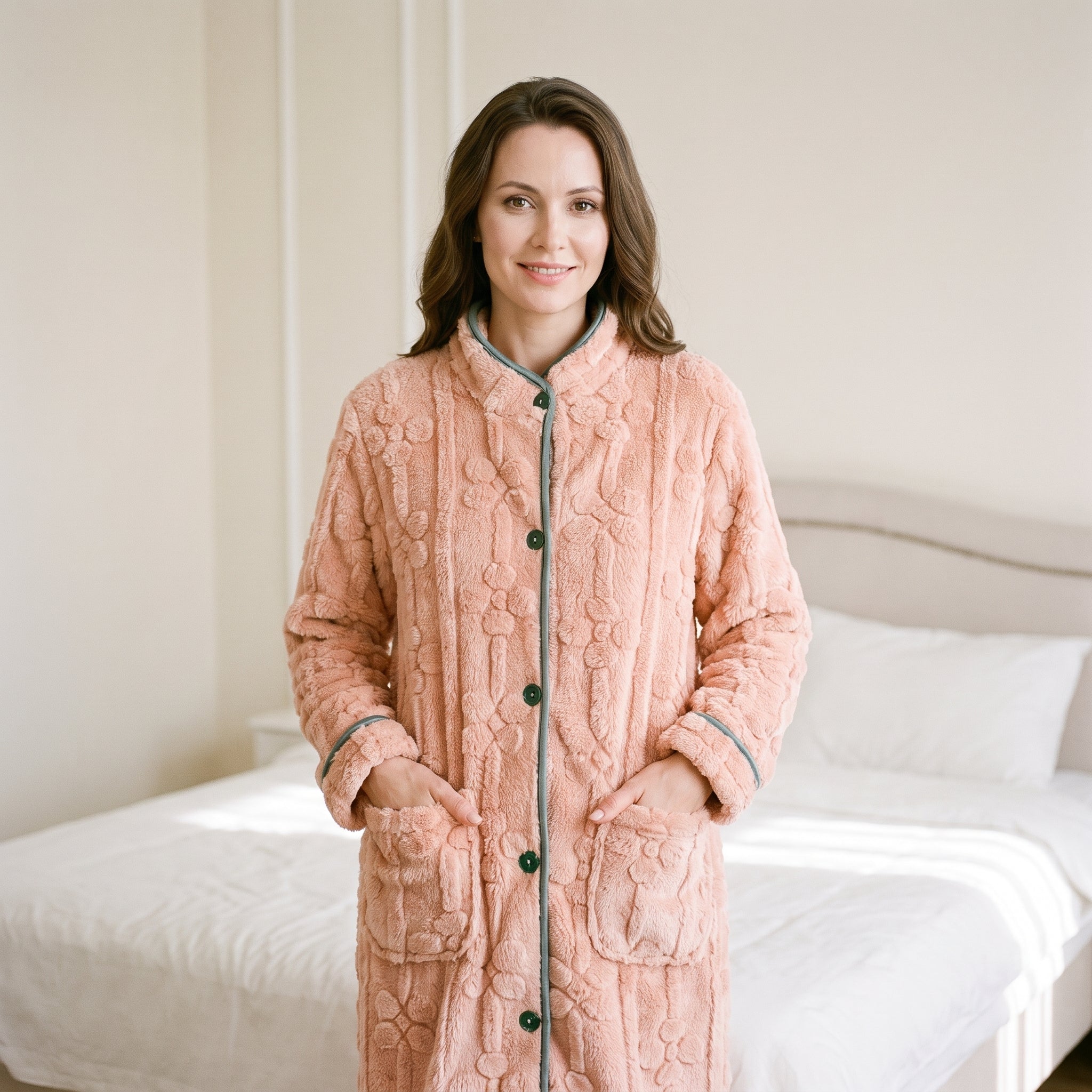 Robe de chambre boutonnée rose portée, mains dans les poches, boutons verts et liseré contrastant Image